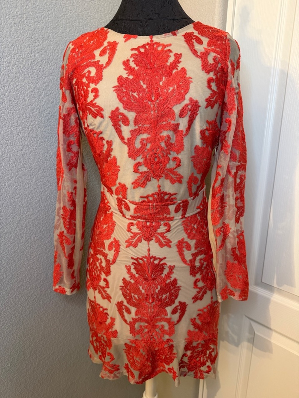 For Love & Lemons San Marcos Mini Dress Red Embroidered Nude Illusion Size Small - Picture 3 of 13